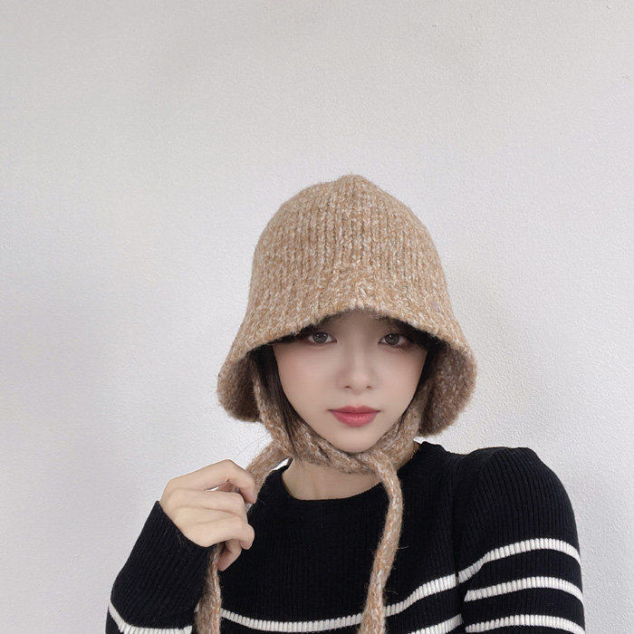10.25现货韩版文艺时尚百搭渔夫帽秋冬系带保暖毛线帽子韩国代购