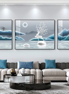 福鹿山水客厅装饰画 画轻奢高级感沙发背景墙蓝色抽象三联挂画 画