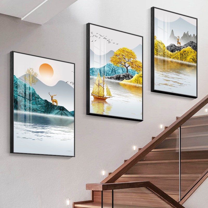 楼梯间墙面装饰画新中式客厅沙发三联画复式楼道挂画走廊过道壁画图片