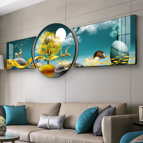 高端大气现代轻奢客厅装饰画寓意好沙发背景墙挂画壁画新款三联画