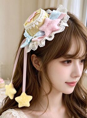 Lolita手作双子星蕾丝蝴蝶结帽夹