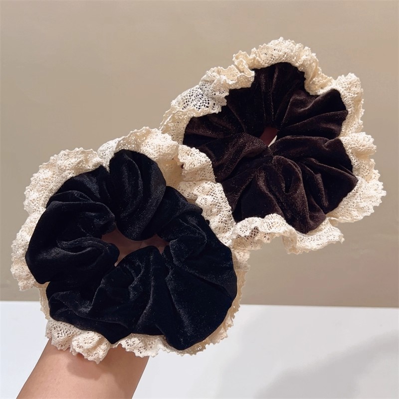 2025新款金丝绒气质大肠圈发圈黑色香风法式复古蕾丝边头绳发绳
