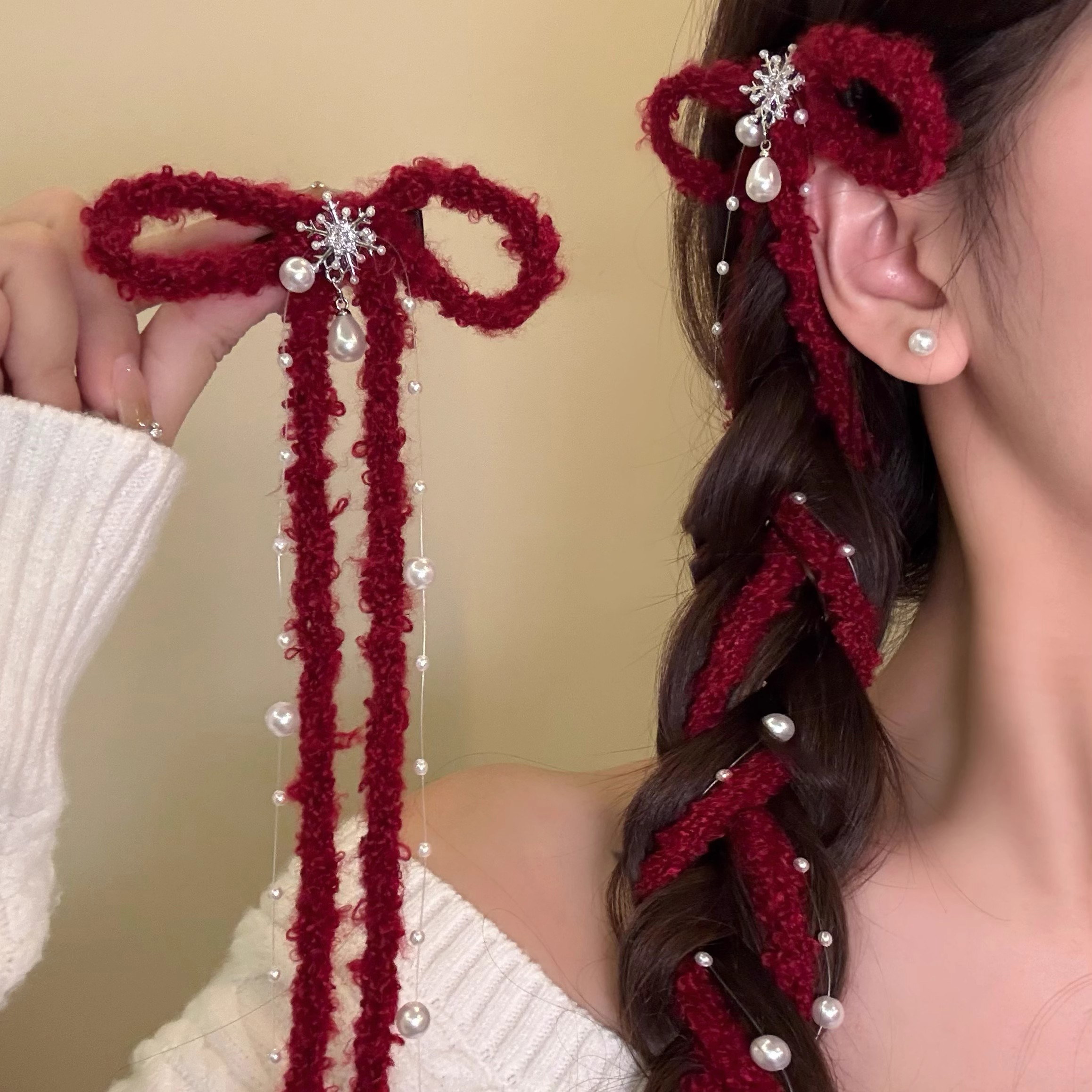 圣诞红特辑 蝴蝶结珍珠飘带发夹女圣诞节鸭嘴夹发卡拍照穿搭头饰