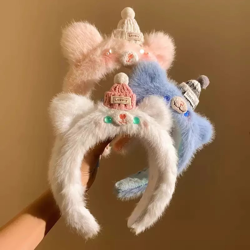 北极雪岭毛毛可爱白色小熊耳朵毛绒发箍女洗脸发卡发饰头箍秋冬