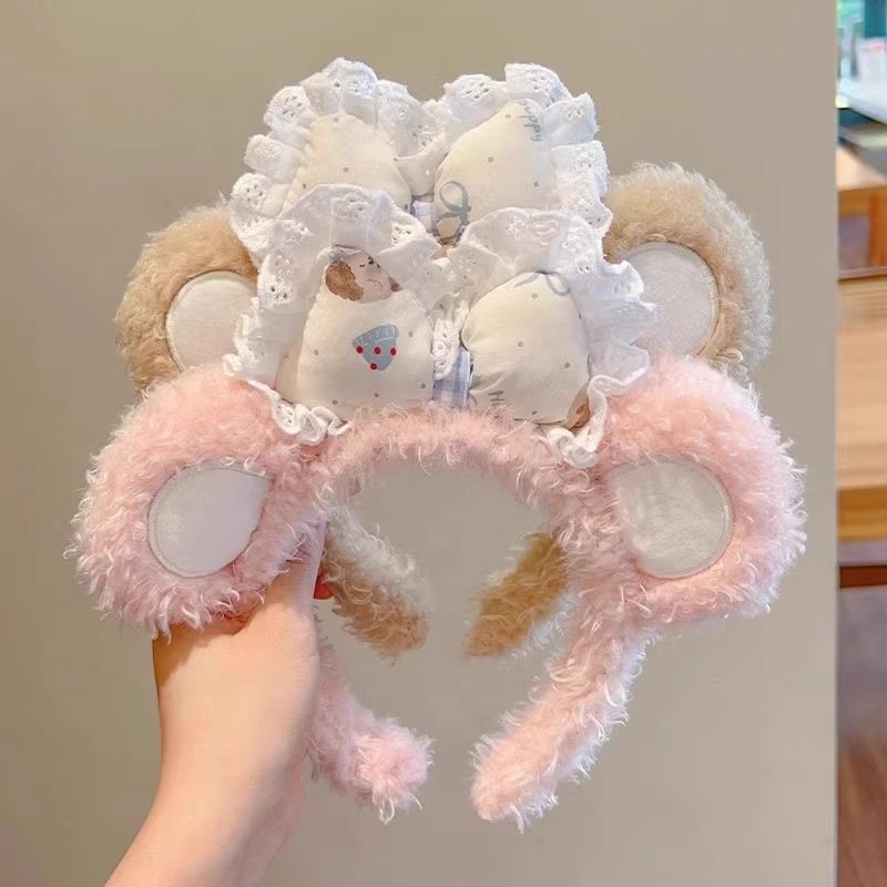 秋冬新款粉色可爱蝴蝶结小熊发箍卡通少女心洗脸发箍超萌化妆头箍