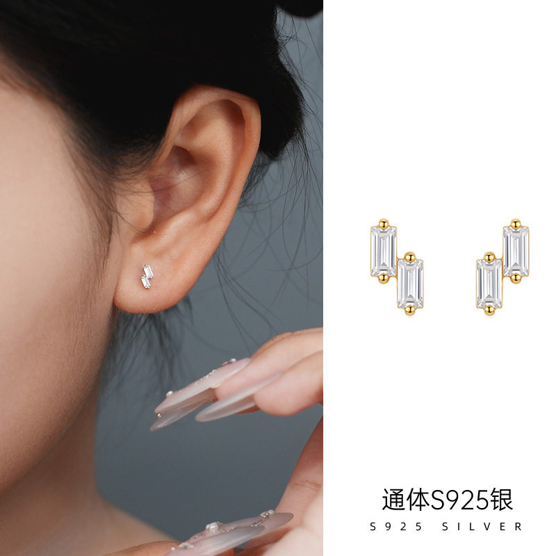 榕树下S925纯银几何平行线耳钉女