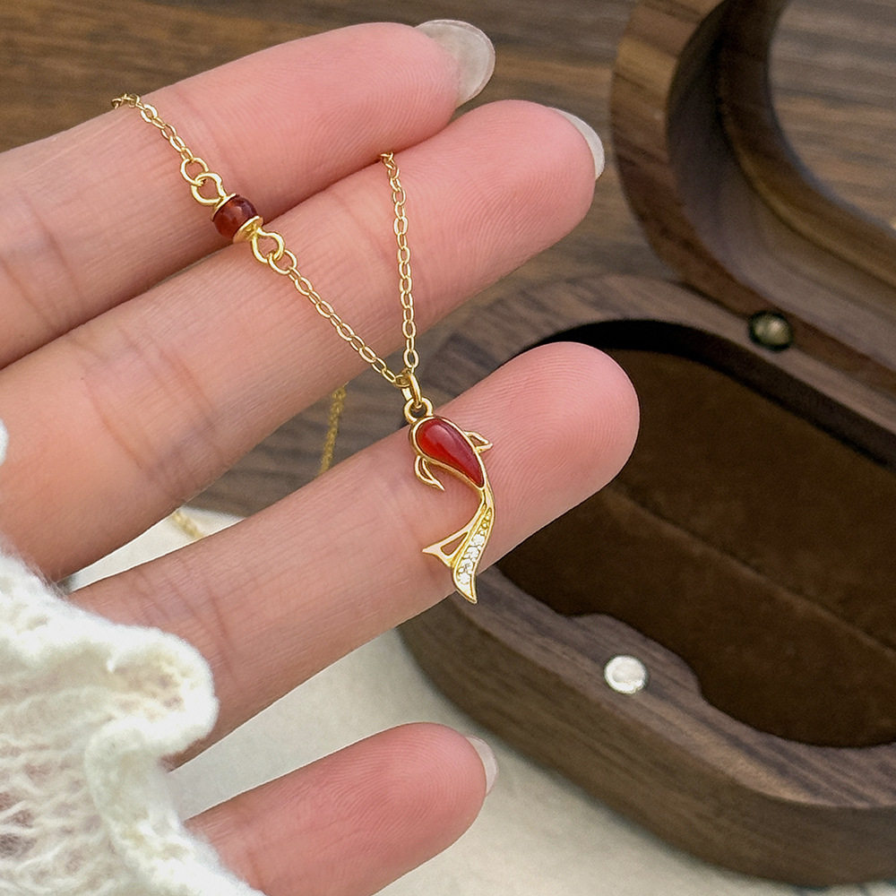 S925纯银本命年马年红色锦鲤项链精致小金鱼玛瑙古典风好运高级感