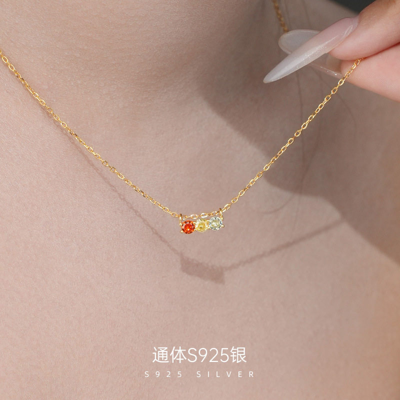 榕树下S925银日系彩钻平衡木项链