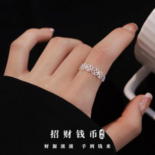 S999足银钱币招财戒指女纯银新中式国风个性设计高级感开口戒指环