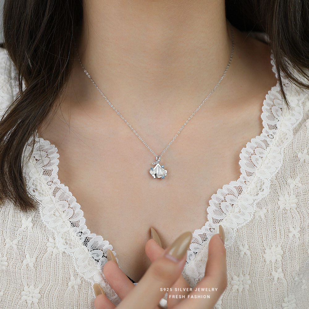 S925纯银白贝蝴蝶镶钻项链女时尚
