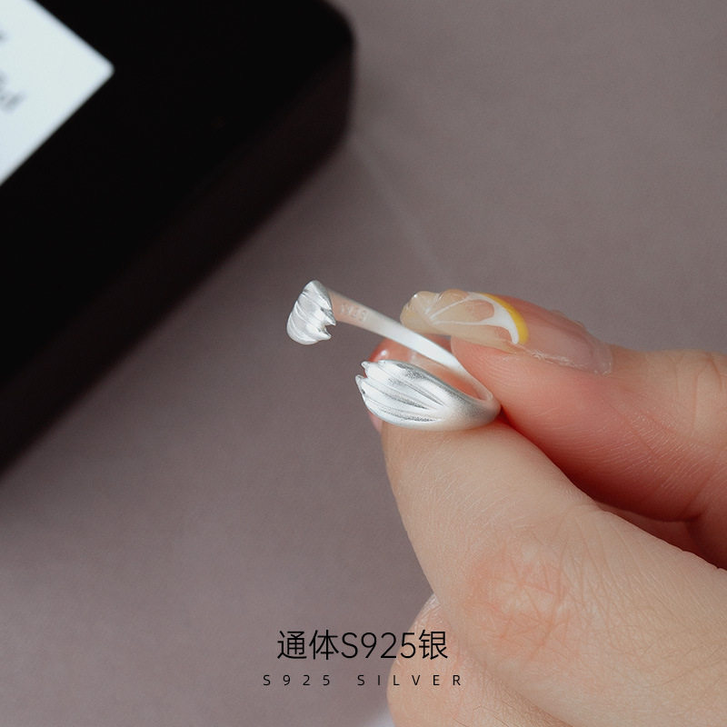 S925通体纯银日系小猫爪戒指女可爱个性学生素银食指环开口可调节