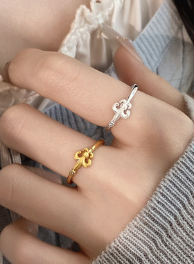 S925纯银拉丝鸢尾花戒指女中古风