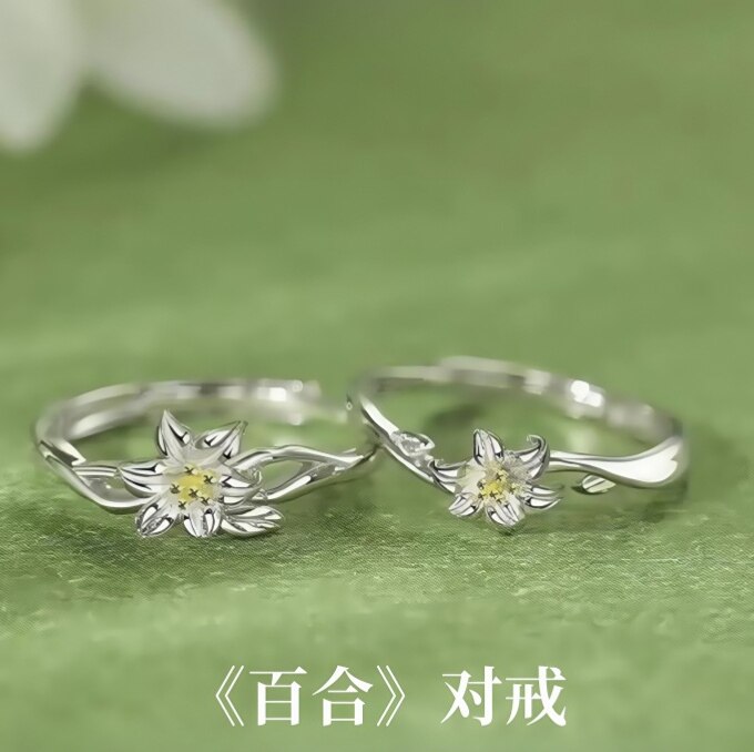 S999足银百合闺蜜款戒指一对女款设计纯银对戒开口可调节指环