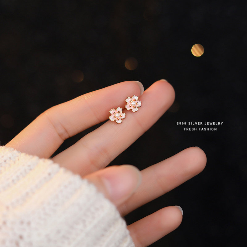s999足银镶珠粉色樱花耳钉女简约