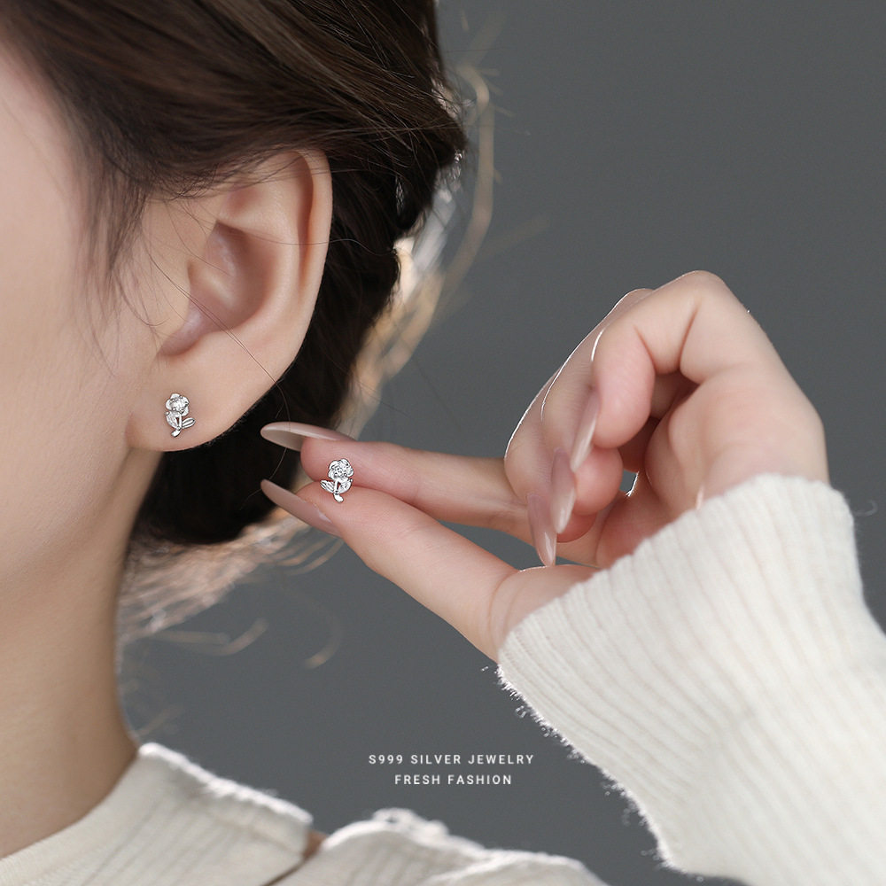 S999足银玫瑰花镶钻耳钉女纯银韩
