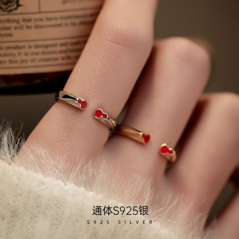 S925纯银红色双葫芦戒指女新款个性经典开口食指环博主同款戒指