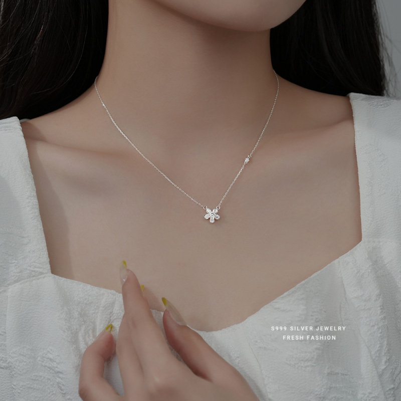 s999足银花朵锆石项链女轻奢小众