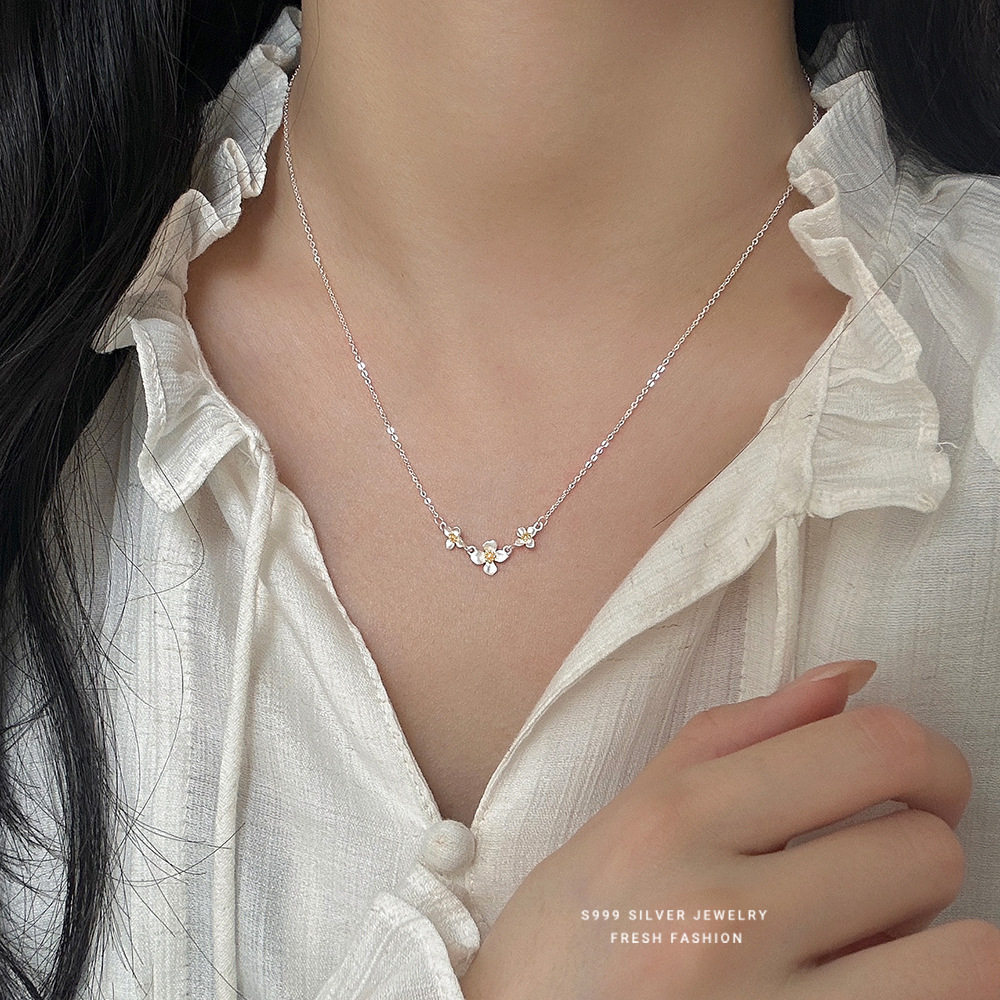 S999纯银简约磨砂素银小花项链女
