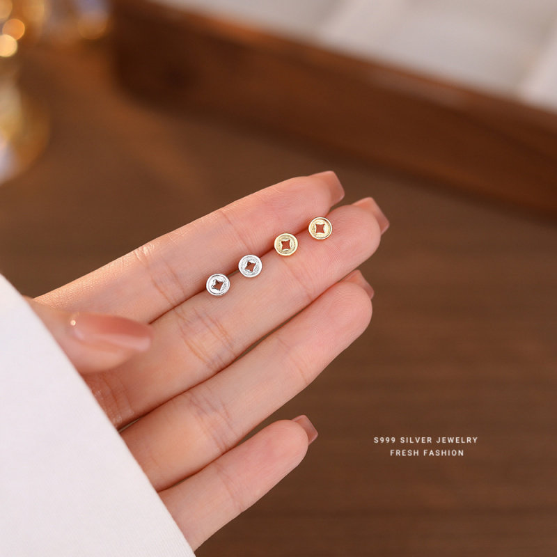 s999足银铜钱金钱耳钉女纯银国潮