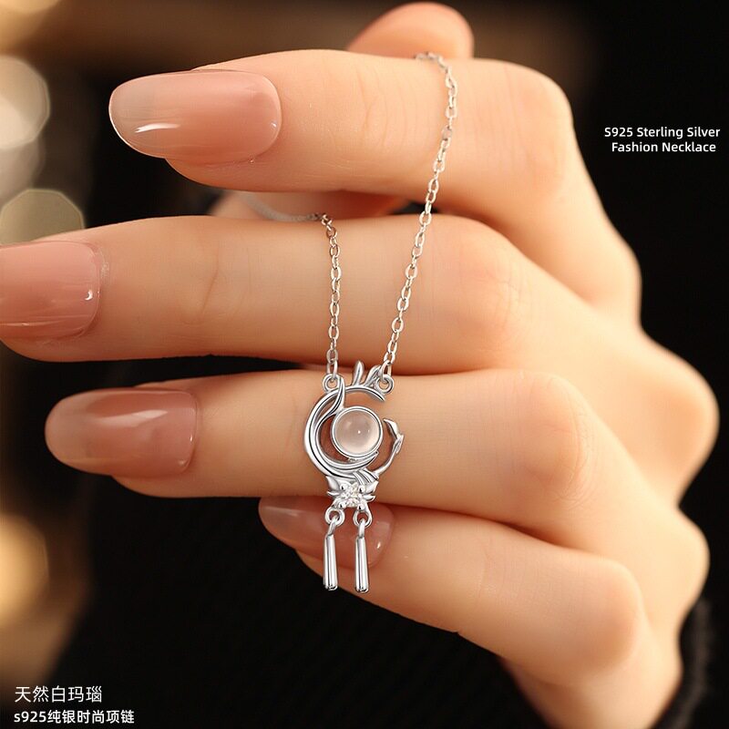 S925纯银天然白玛瑙项链女新中式