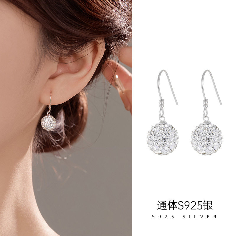 S925纯银香巴拉圆球满钻耳钩耳环女新款超闪高级感气质新潮耳饰品