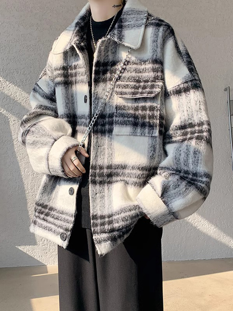 CLARALEE小香风马海毛外套男春秋季高级感短款风衣格子毛呢大衣