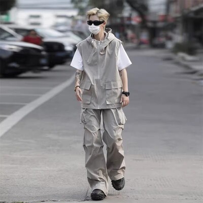 CLARALEE防晒套装男夏季冰丝连帽无袖工装马甲帅气搭配休闲两件套