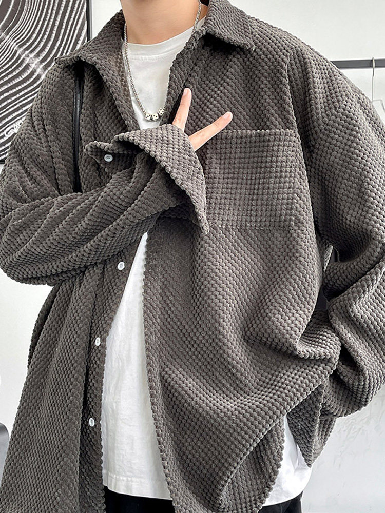 CLARALEE华夫格衬衫男春秋季痞帅休闲外套高级感灯芯绒长袖衬衣