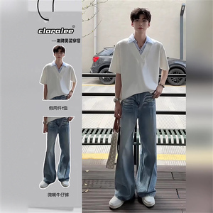 CLARALEE夏季套装男士假两件polo衫短袖搭配牛仔裤痞帅穿搭两件套