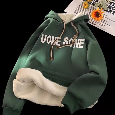 CLARALEE重磅羊羔绒卫衣男冬季加绒加厚连帽衫潮牌字母印花外套