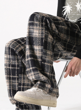 CLARALEE格子裤男春秋季潮牌痞帅休闲卫裤美式复古直筒拖地长裤