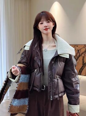 短款羽绒棉女冬季新款2026年针织翻领拼接加厚保暖撞色PU皮外套
