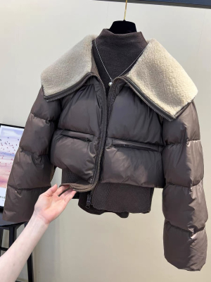 爆款羊羔绒大翻领针织拼接白鸭绒羽绒棉女加厚保暖小个子短款外套