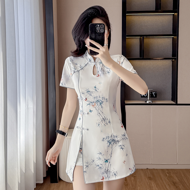 中国风水墨画印花短袖连衣裙夏季新款时尚改良旗袍收腰短裤两件套