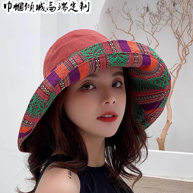 民族风渔夫帽女可折叠双面大沿遮阳帽韩系棉麻旅游度假防晒太阳帽