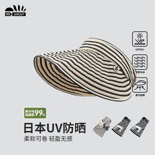 RX UVCUT江疏影同款条纹空顶防晒帽女夏季防紫外线可折叠遮阳帽子