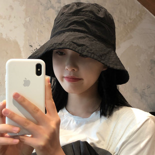 日本帽子女纯色百搭大檐遮阳帽做旧褶皱感休闲度假渔夫帽防晒盆帽