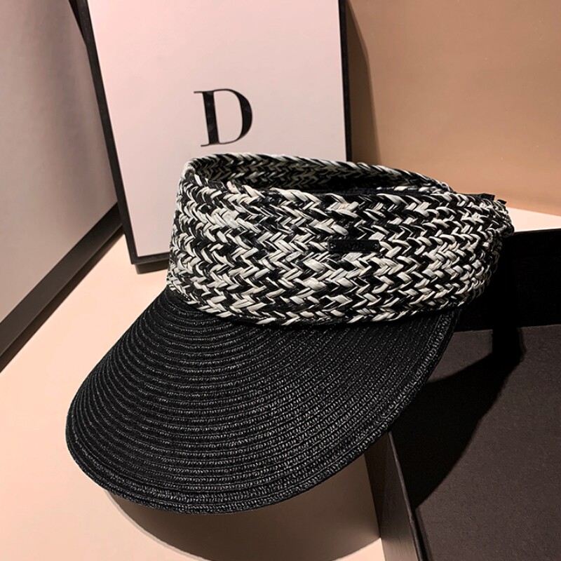 法国DRCO轻奢混色编织优雅空顶草帽女夏户外出游遮阳防晒帽发箍帽