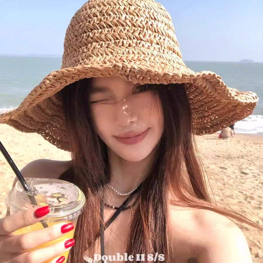 Mad Cortes韩国简约大檐草帽子女夏户外沙滩防晒显脸小遮阳太阳帽