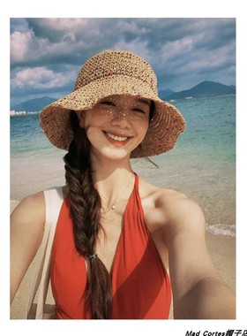 Mad Cortes法式海边沙滩遮阳防晒帽子女度假出游大檐草编渔夫帽潮