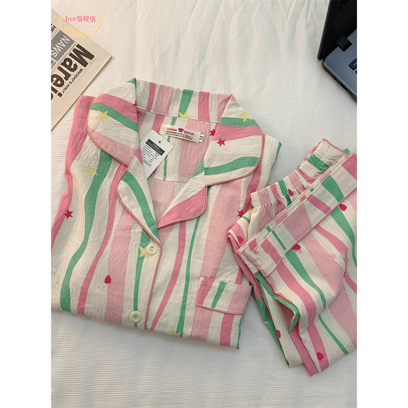 维多利亞粉色条纹睡衣女春秋梭织云朵棉长袖夏薄款套装甜美家居服