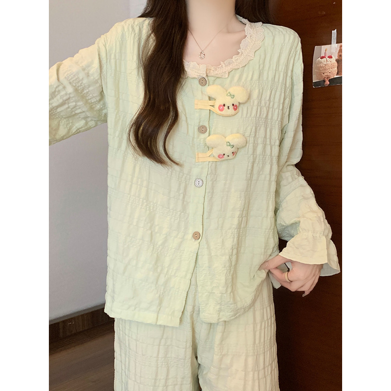 日本GP睡衣女款2025新款春秋款带胸垫长袖棉绸休闲风家居服两件套