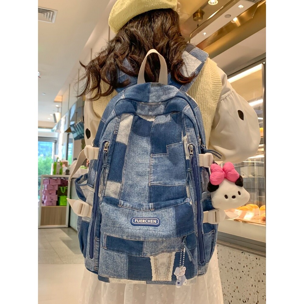 法国Fad Sincgo帆布格子书包拼色女慵懒风小众设计感双肩包大容量