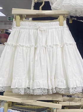 蝴蝶结系带半身裙小个子蕾丝拼接裙子女夏季新款木耳A字白色短裙
