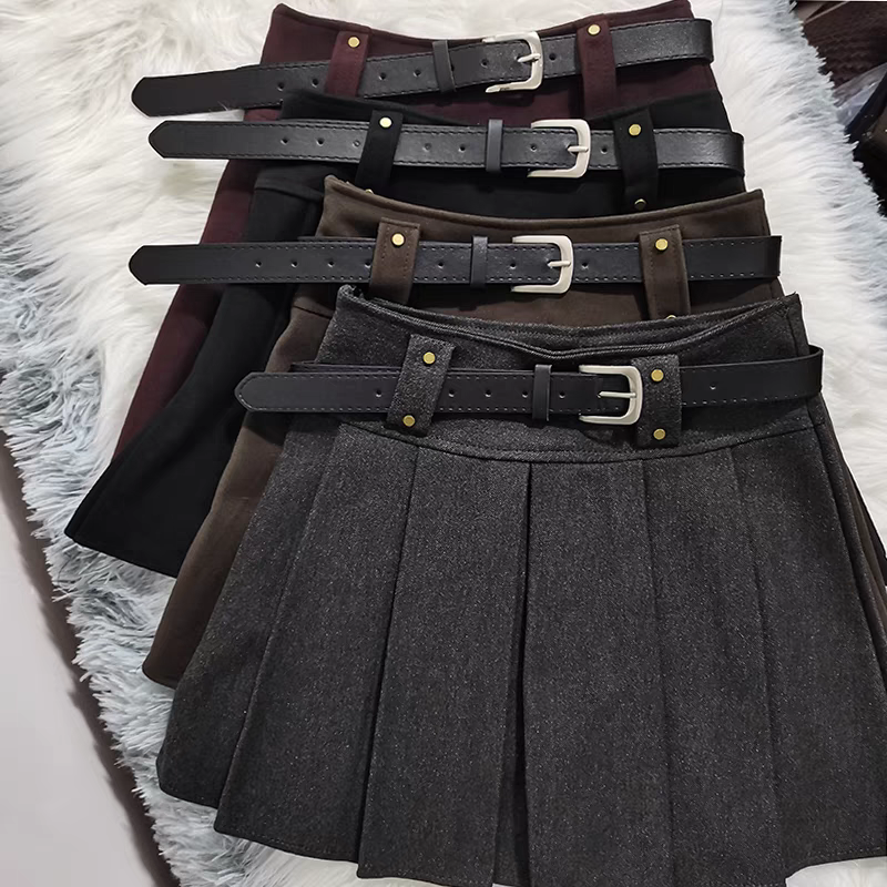 灰棕咖色毛呢料百褶裙女2025新款秋冬天显瘦半身裙红黑加厚短裙子