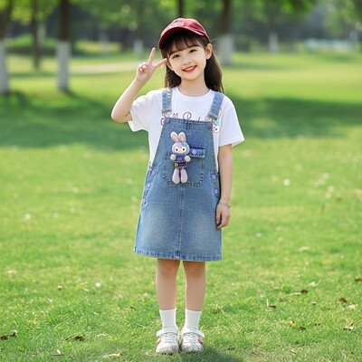女童星黛露牛仔背带裙套装夏季2026新款中大童短袖T恤连衣裙洋气
