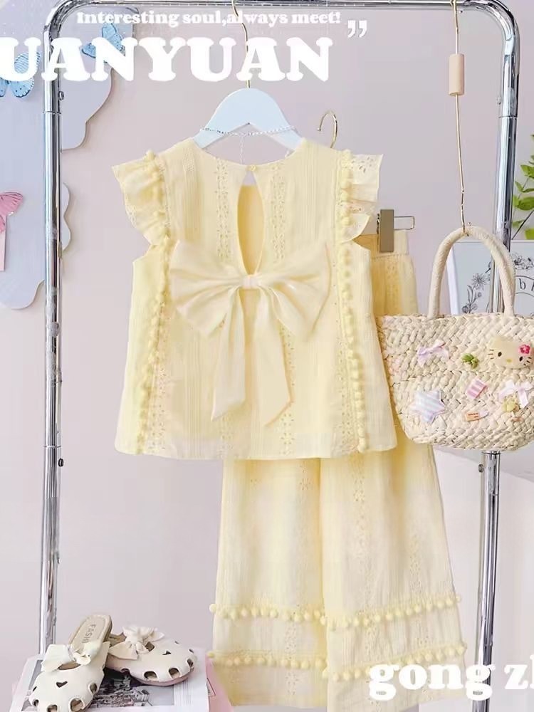 女童夏季短袖套装2025新款棉质飞袖蝴蝶结娃娃衫休闲裤子两件套潮