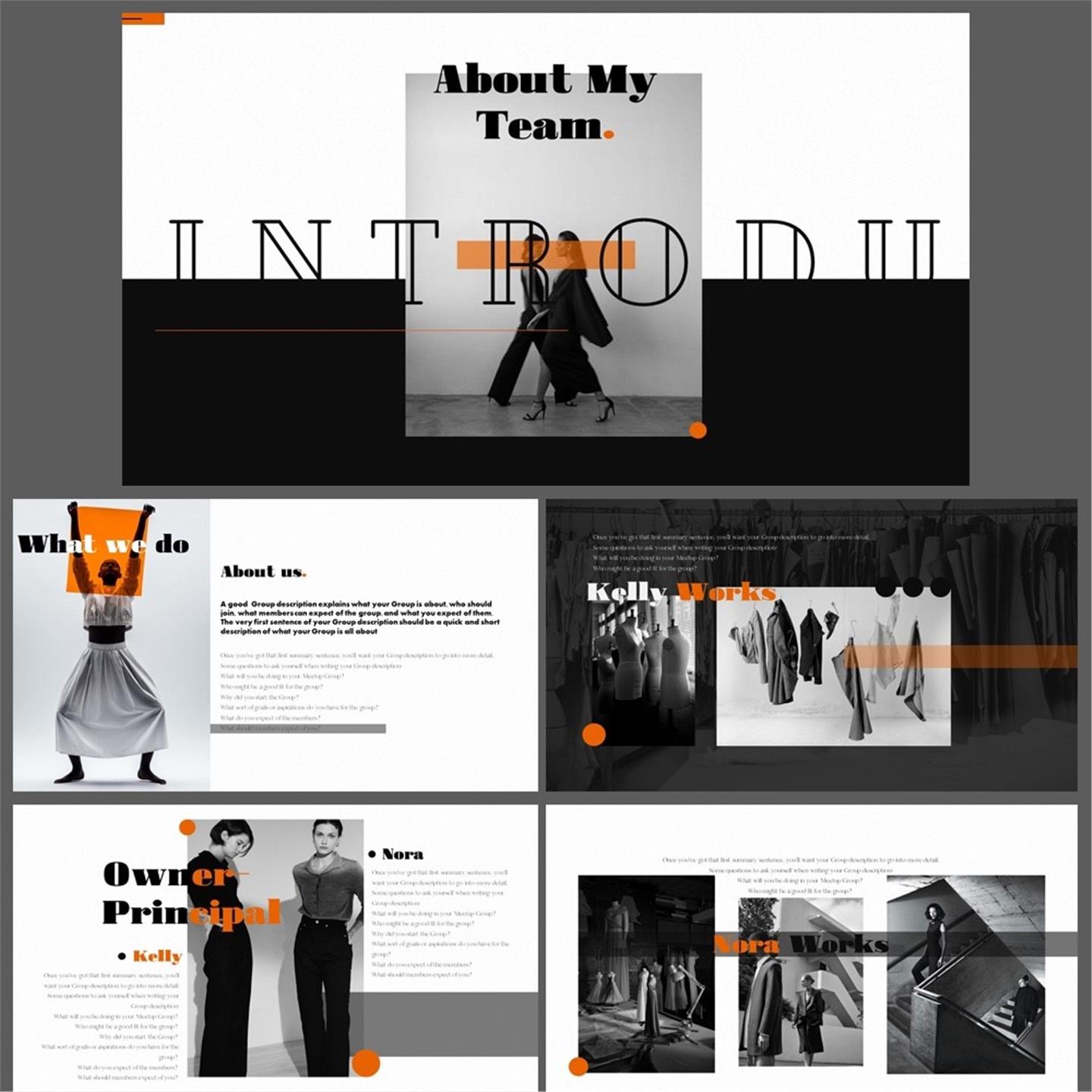 黑色撞橙色团队介绍ppt模板 时尚撞色作品集ppt模板