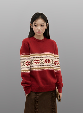 AFFFREEDOM新年红费尔岛针织衫复古提花氛围感圆领长袖毛衣秋冬