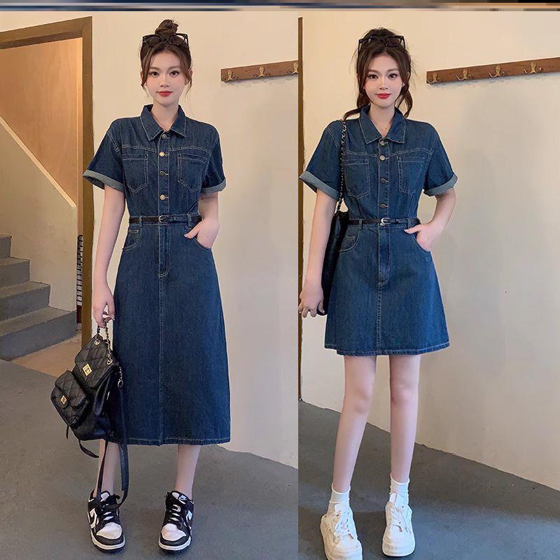 大码女装胖mm牛仔连衣裙女2024夏季新款裙子微胖女生遮肚显瘦裙子